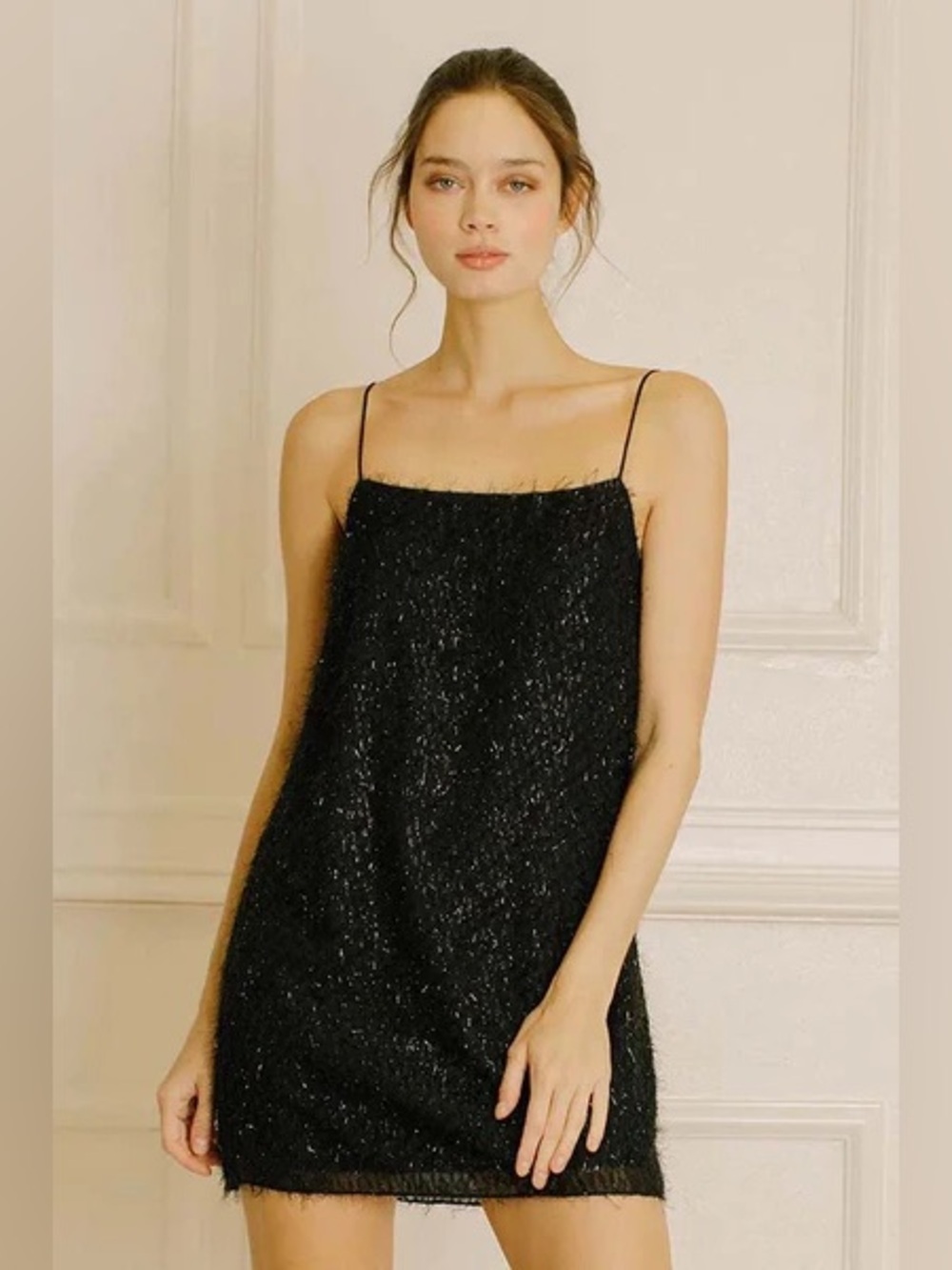 Storia Black Shaggy Metallic Glitter Sparkly Shift Mini Dress S Party